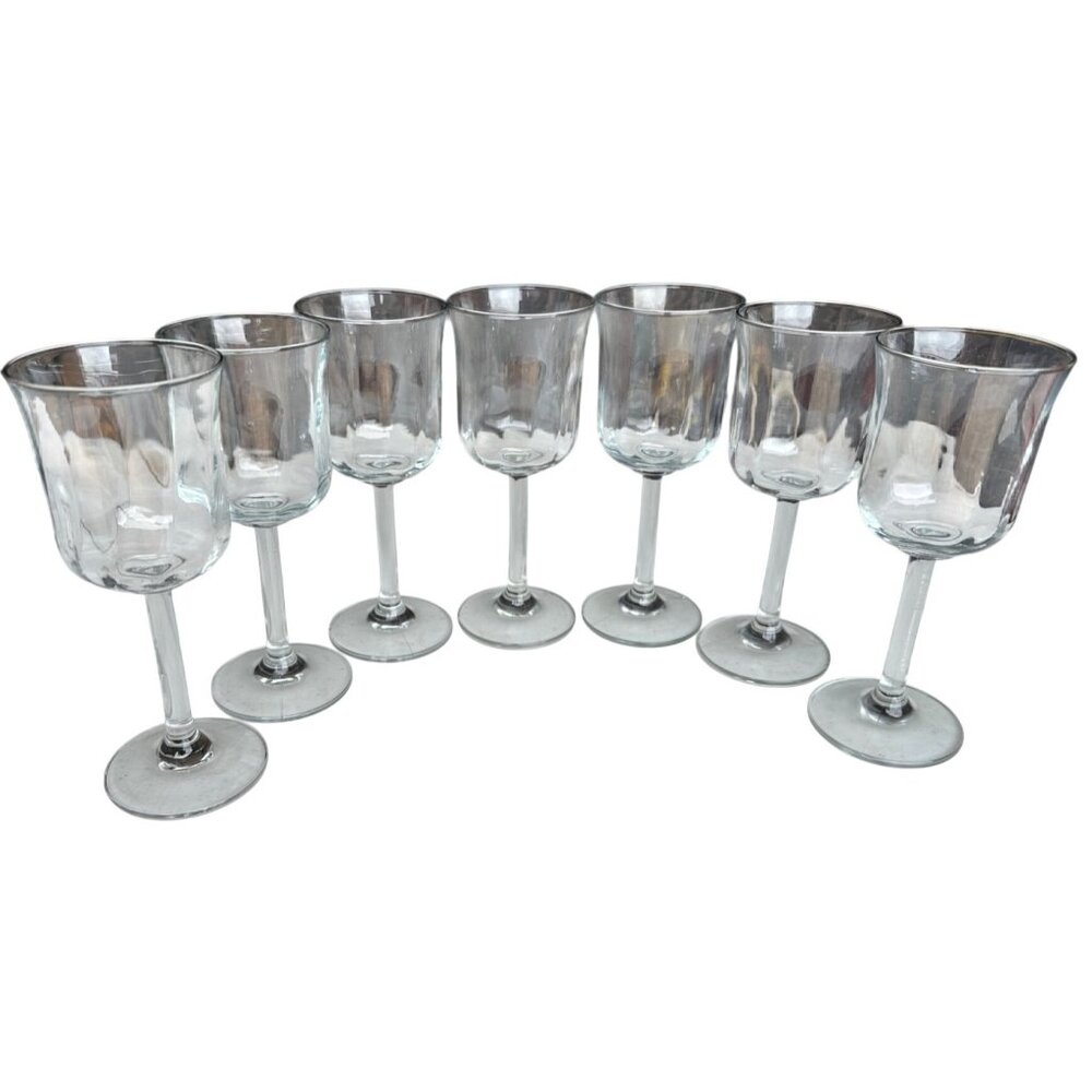 Set of 7 Collectible Clear Stemmed 6 oz. Ribbed Drinking Glasses 7 Inches Tall